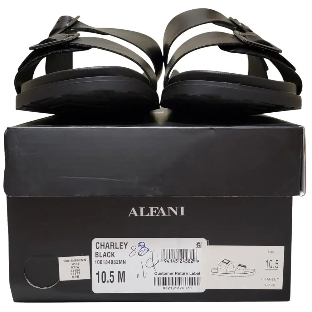 Alfani Men Double Strap Slide Sandals Charley Size US 10.5M Black Faux Leather